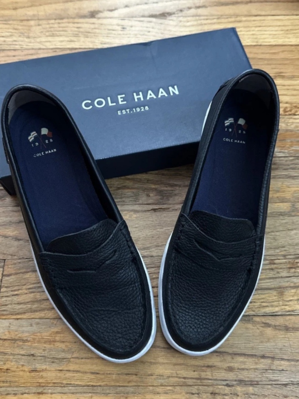 Cole Haan Black Leather Slip-On Loafers with White Sole Trim
